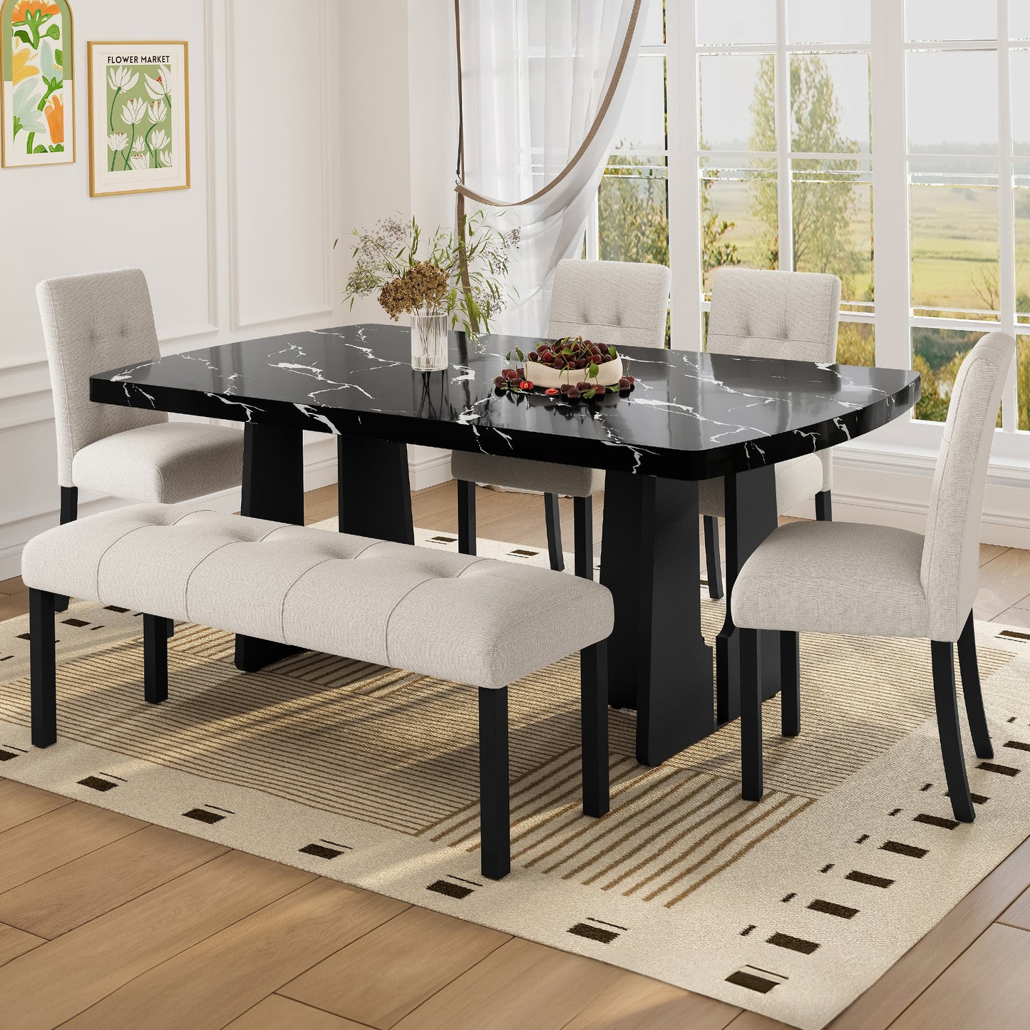 6 Piece Modern Dining Table Set, 63' Faux Marble Dining Table with Geometric