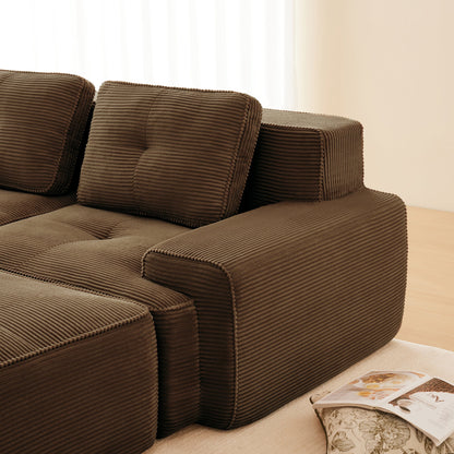 Sectional loveseat L-Shape Corduroy Brown 2 Seat Modular with Ottoman 82 In