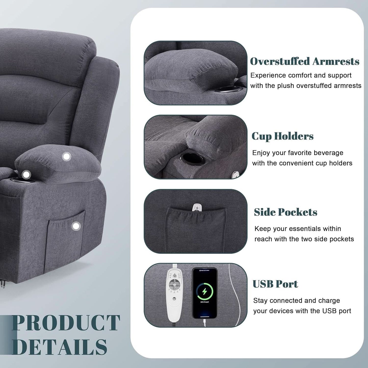 Oversized Charcoal Grey Recliner Sofa With USB Port And Heated Massage