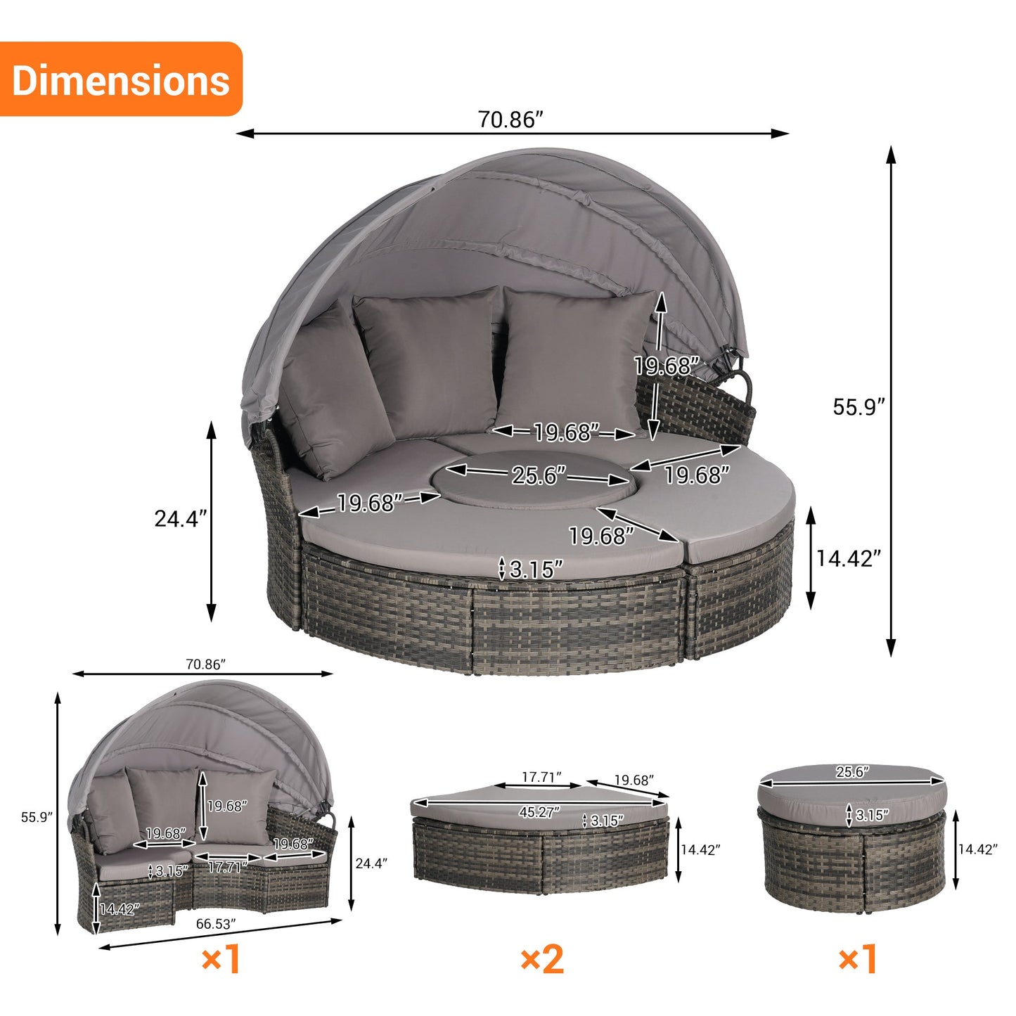 Chaise Lounge PE Rattan Canopy 380lb Capacity