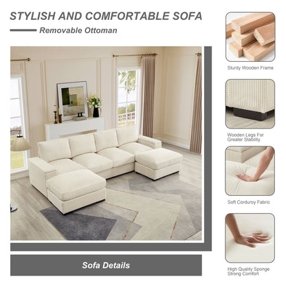 Sectional Sofa U-Shape Corduroy Beige 4 Seat 122 In 2 Ottomans