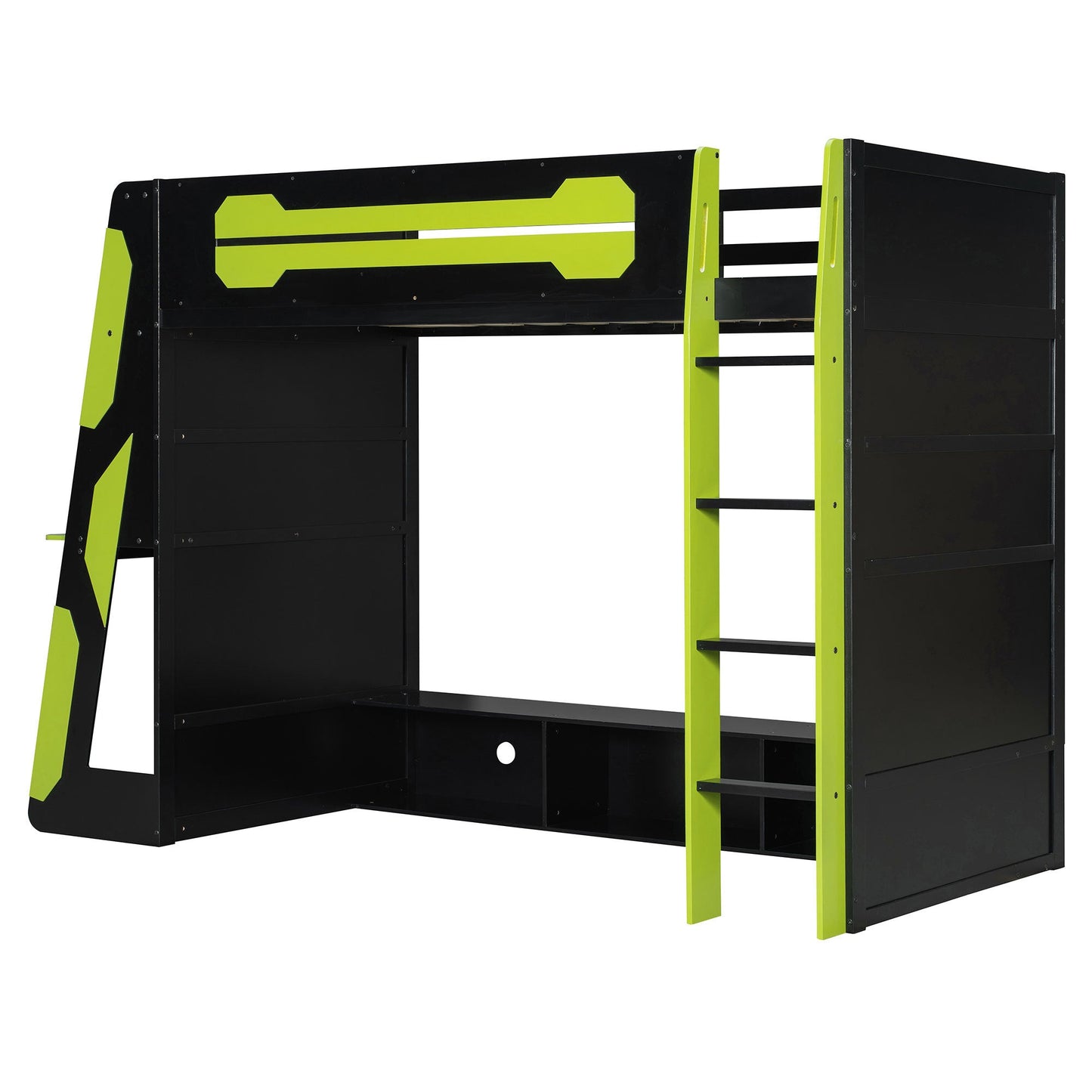 Twin Size Wood Loft Bed with Desk, Multi-storage Shelves and RGB Light, Green