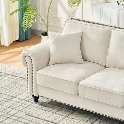 Loveseat Chenille Beige Rolled Arms Nailhead Trim 63 In 700 LB