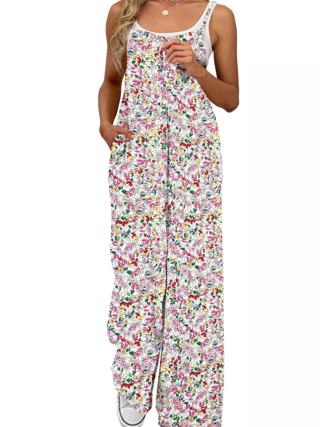 Full Size Floral Print Wide Leg Spaghetti Strap Overalls Plus Size