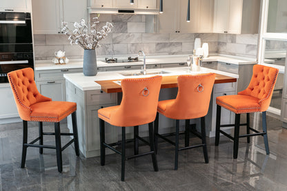 Velvet Upholstered Barstool Set of 2, Button Tufted, Chrome Nailhead, Orange