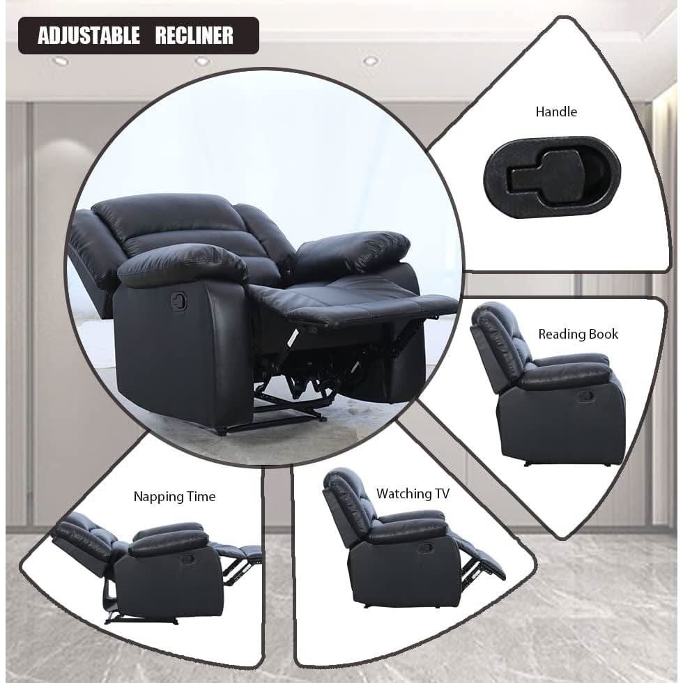 Black Bonded Leather Recliner With Overstuffed Arm And Back