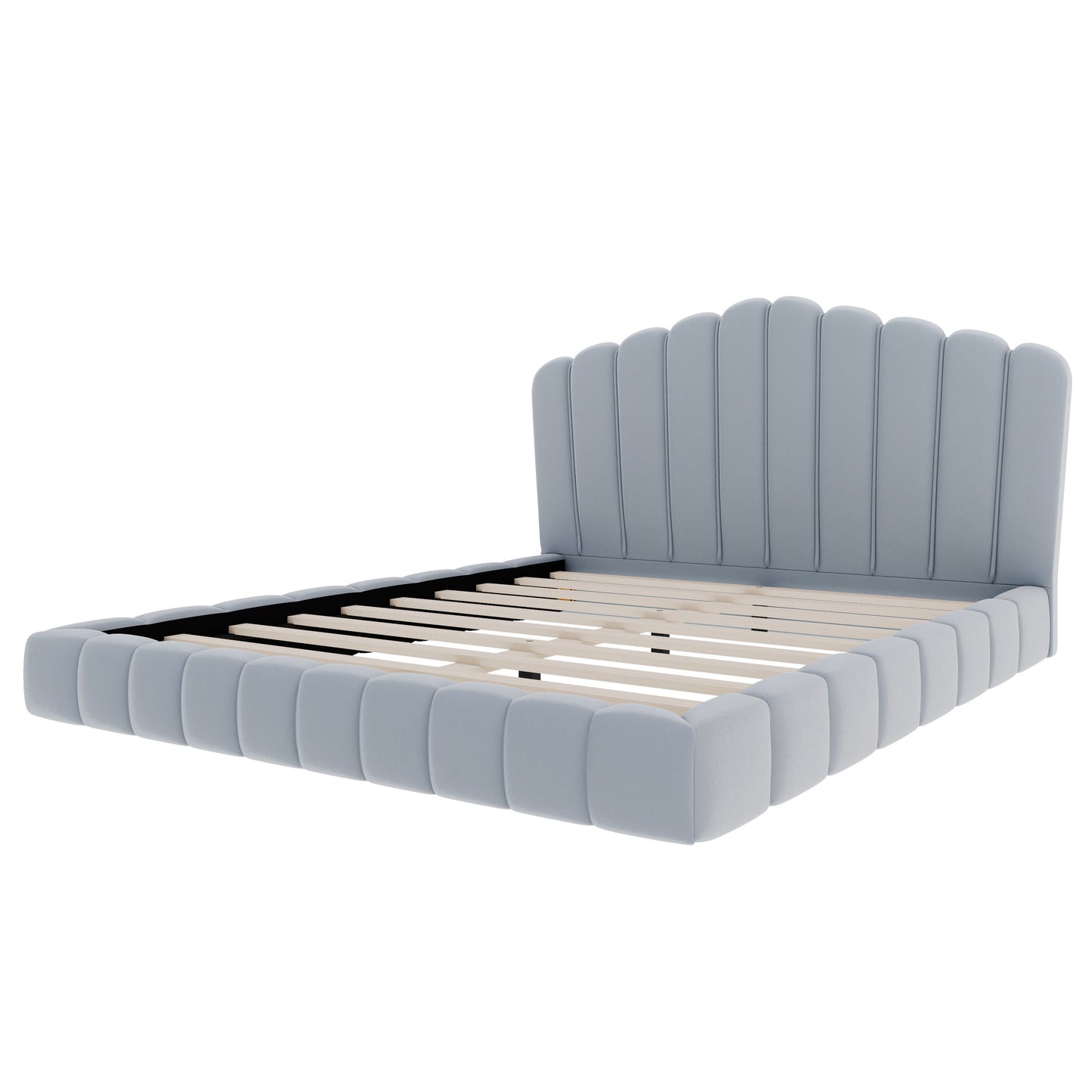 Velvet Upholstered Queen Bed Frame with Shell-Shaped Headboard, Light Blue