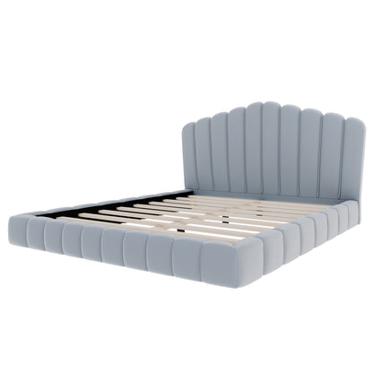 Velvet Upholstered Queen Bed Frame with Shell-Shaped Headboard, Light Blue