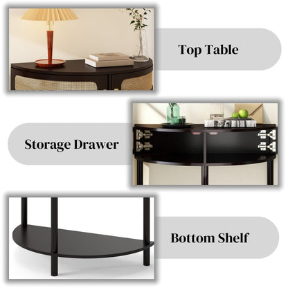 Half-Moon Console Table with Rattan Sliding Doors | Boho Semicircle Entryway Table with 2 Storage Cabinets & Bottom Shelf