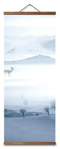 Chinese Snow Mountain Deer & Bird Canvas Scroll – Blue & White