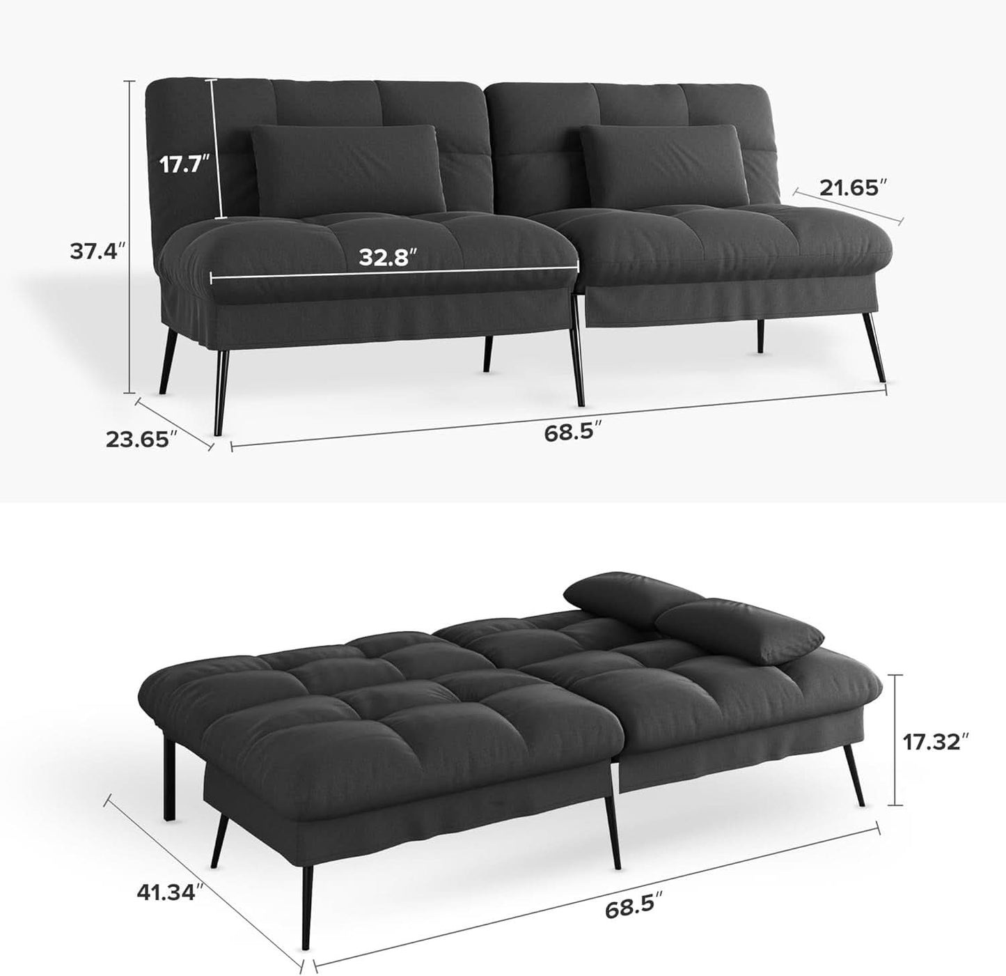 68 Inch Convertible Futon Sofa Bed With Adjustable Backrest