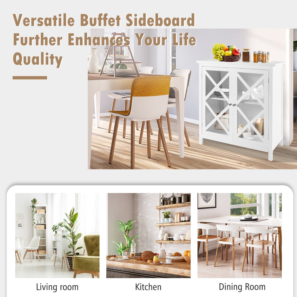 Freestanding Kitchen Buffet Cabinet with Glass Doors and Adjustable Shelf