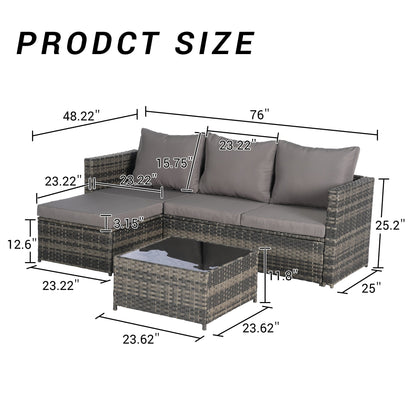 Outdoor Patio Set PE Rattan Metal Dark Gray 3 Piece Ottoman Table