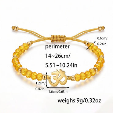 Yoga Ohm Symbol Cut Glass Bead Adjustable Braided Bracelet, Multiple Color Bead Options, Metal Spacers With Pull Cord Structure, Sport Casual Wrist Jewelry For Women Yoga Enthusiasts Daily Wear