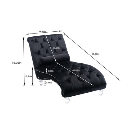 Velvet Chaise Lounge, Button-Tufted with Pillow, Black, 63.38x28.94x34.05 in