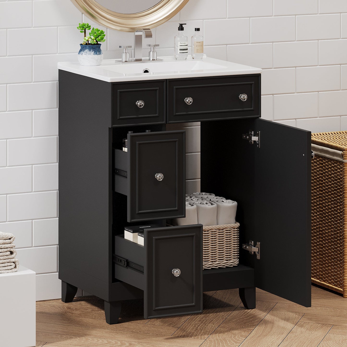 Transitional Bathroom Vanity Cabinet with Ceramic Sink, 24-Inch, Black, Solid...
