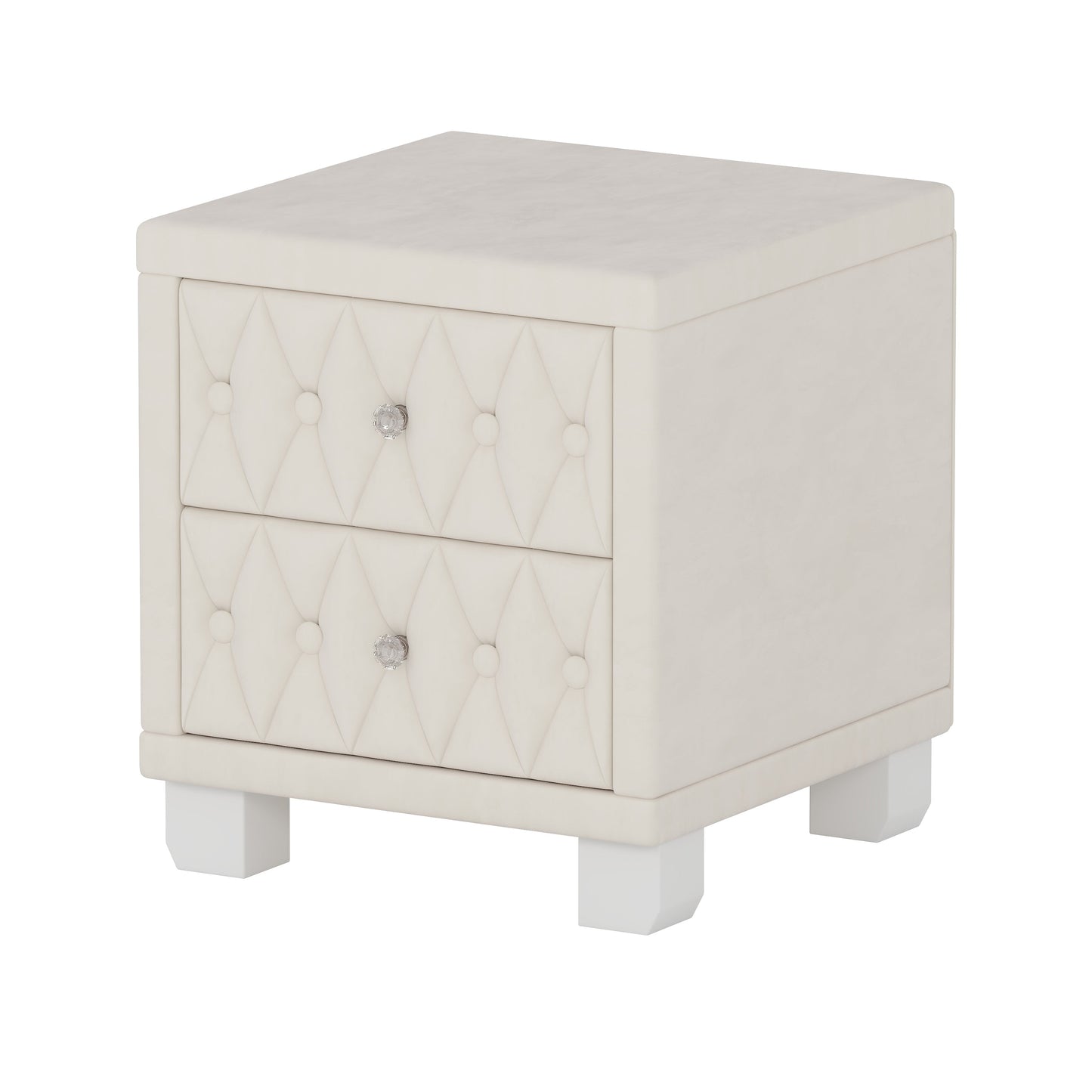 Velvet Nightstand with 2 Drawers, Crystal Handle, Button-Tufted, Beige