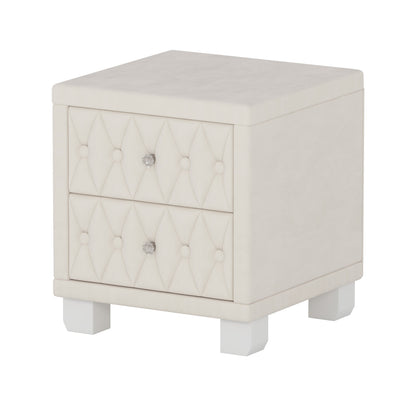 Velvet Nightstand with 2 Drawers, Crystal Handle, Button-Tufted, Beige