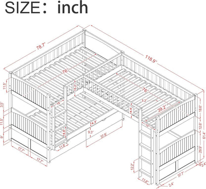 Triple Bunk Bed for Kids L Shaped Solid Wood Gray Twin Size