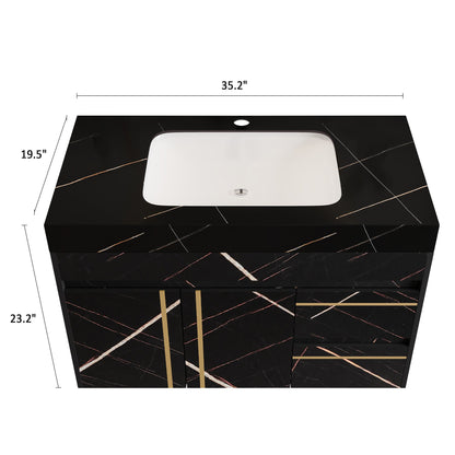 35.2 in Floating Bathroom Vanity with Sink and Faux Marble Top