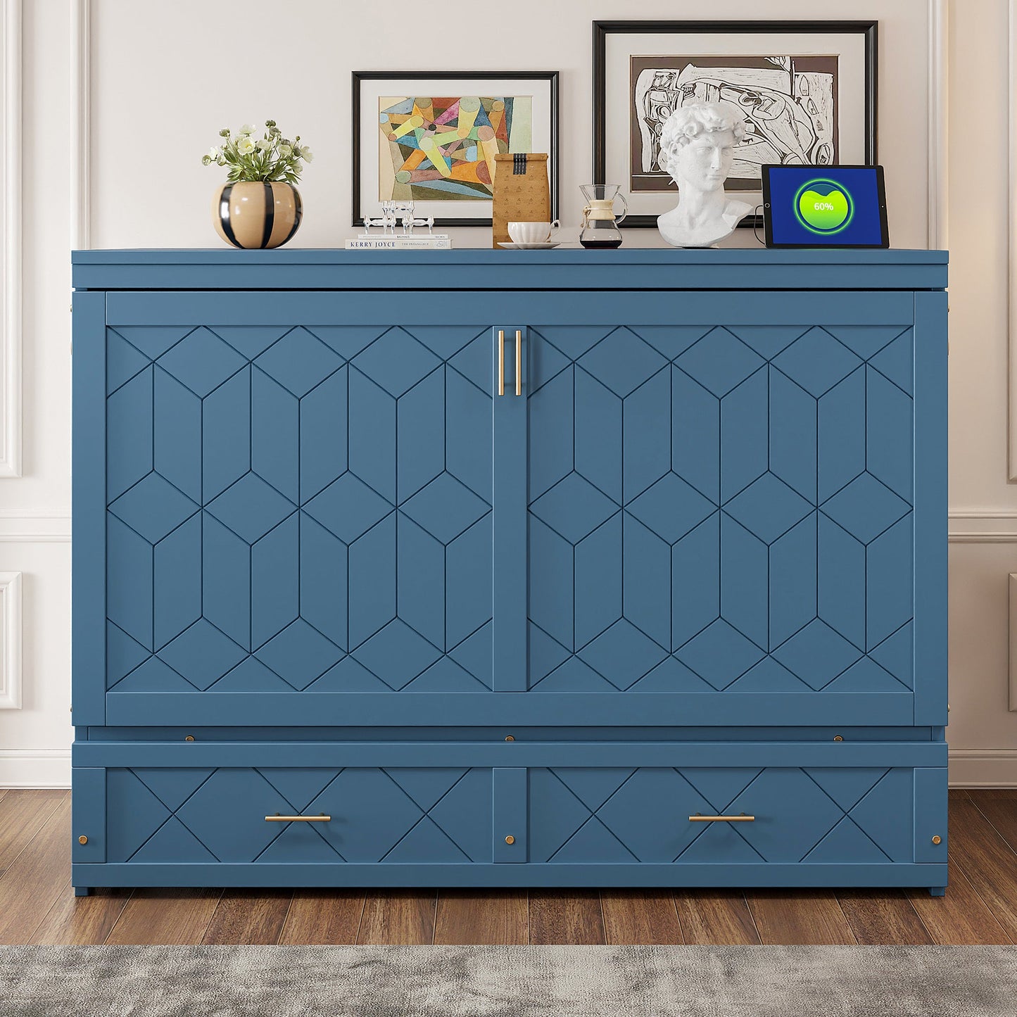 Queen Size Murphy Bed Wall Bed with Drawer and Sockets and USB Ports, Navy Blue