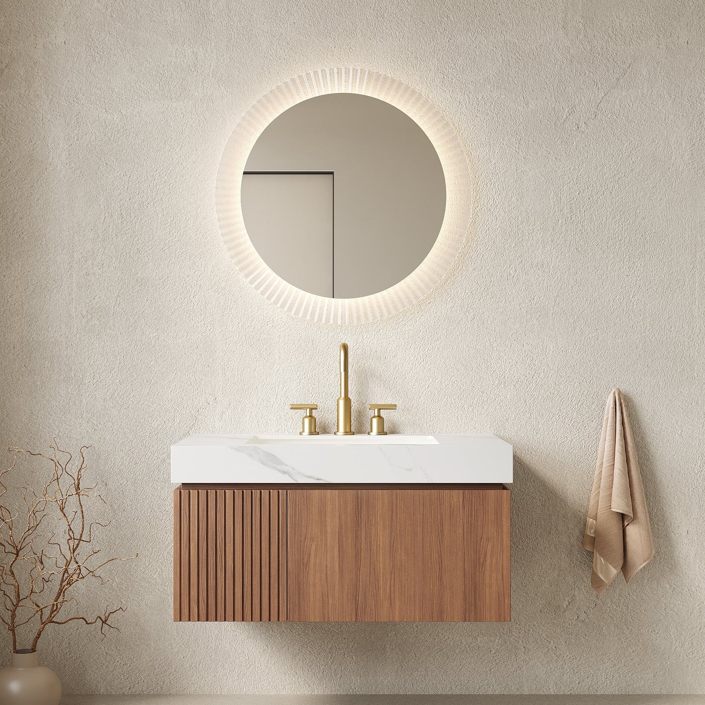 36' Bathroom Vanity with Sink, Floating Plywood Cabinet Carrara White Sintered Stone