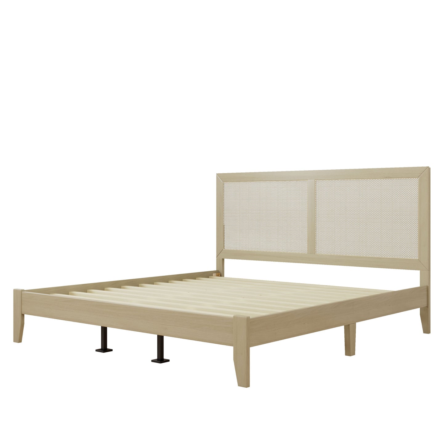 Solid Wood Platform California King Bed With Rattan