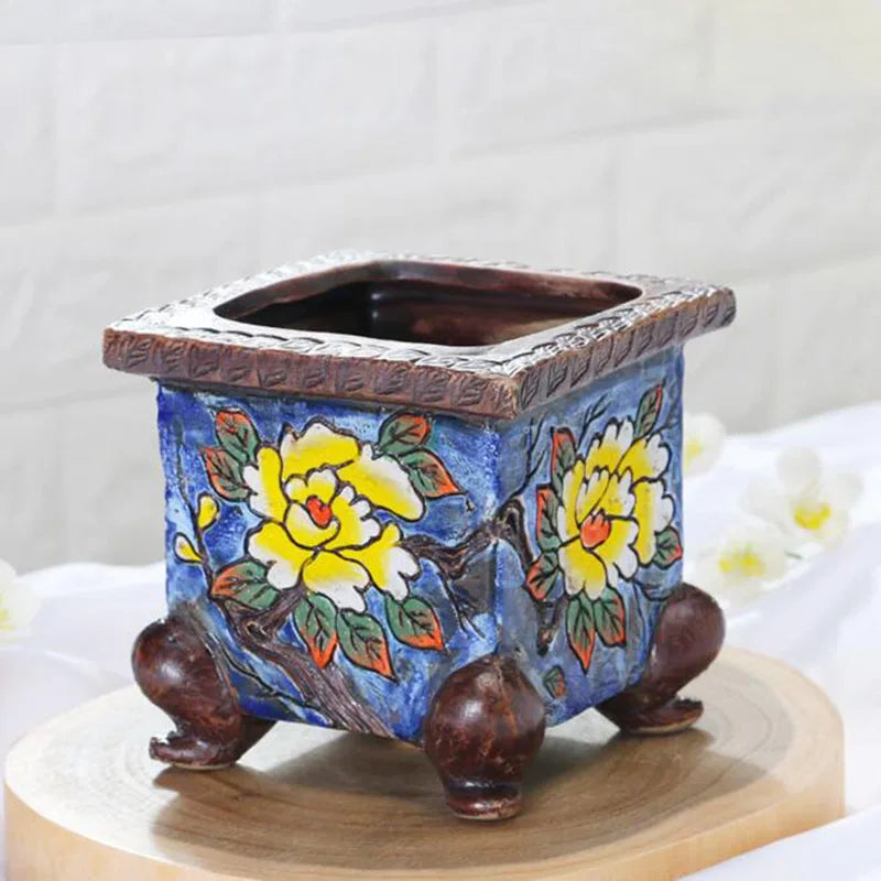 Korean-Style Hand-Painted Floral Ceramic Pot – Succulent & Bonsai Planter