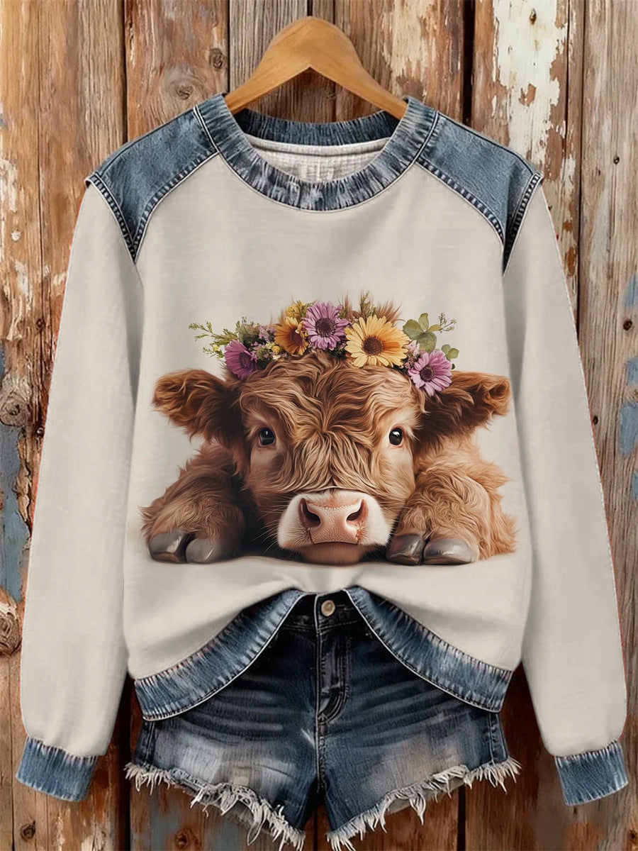 Womens Casual Floral Denim Patchwork Hoodie Top