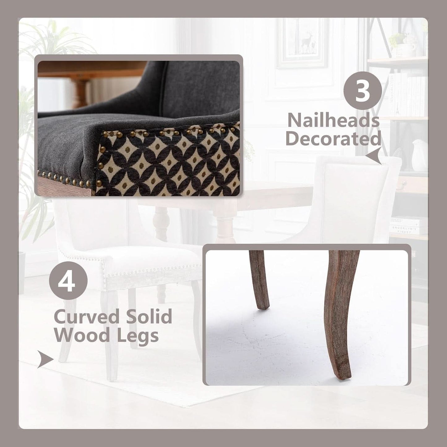 Dining Chairs Set Of 2 High Back Upholstered Fabric With Solid Wood Legs