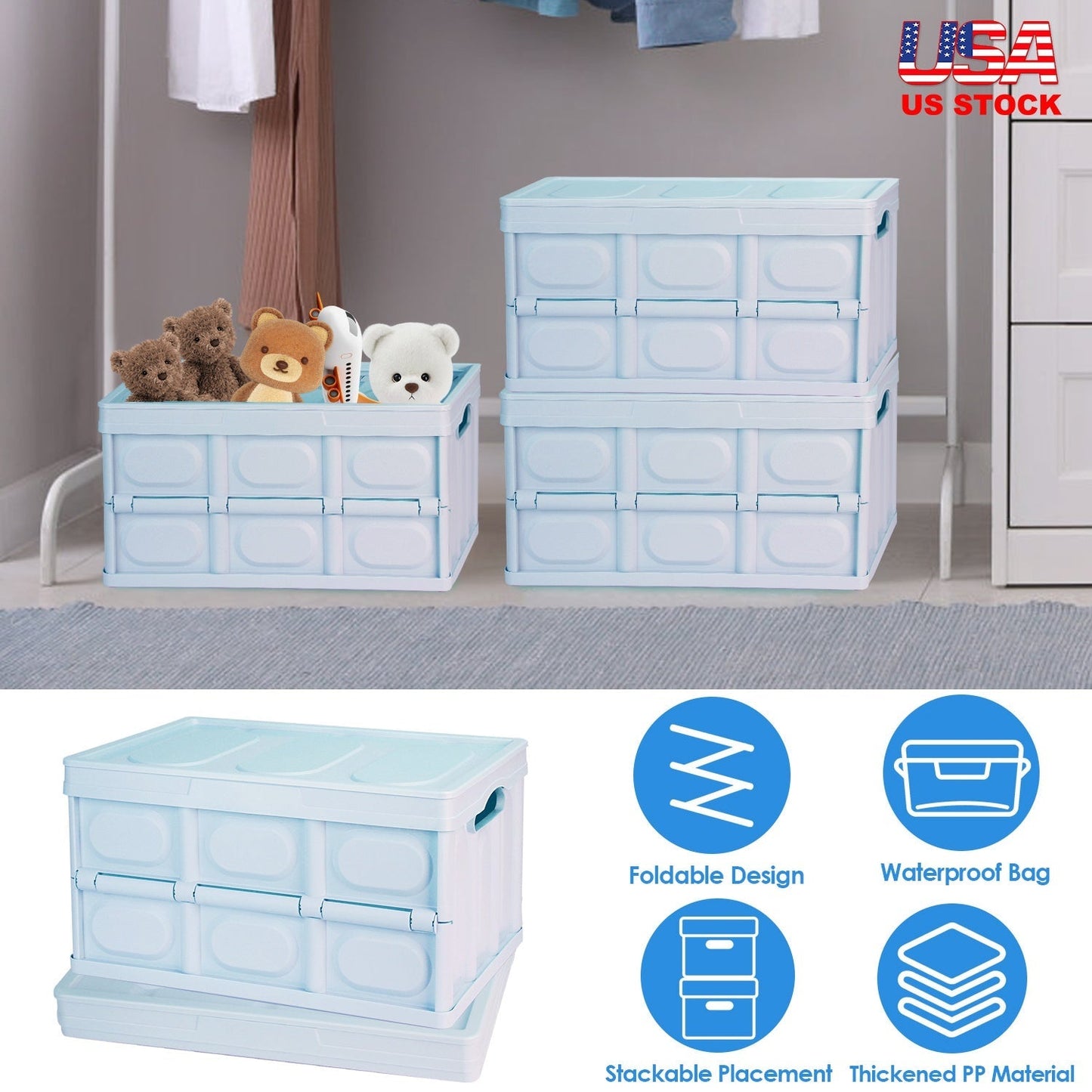 2Pcs 56L Collapsible Storage Bins With Dustproof Lid Waterproof Interior Bag Handle Stackable Storage Box Container Utility Organizer Crate For Campin