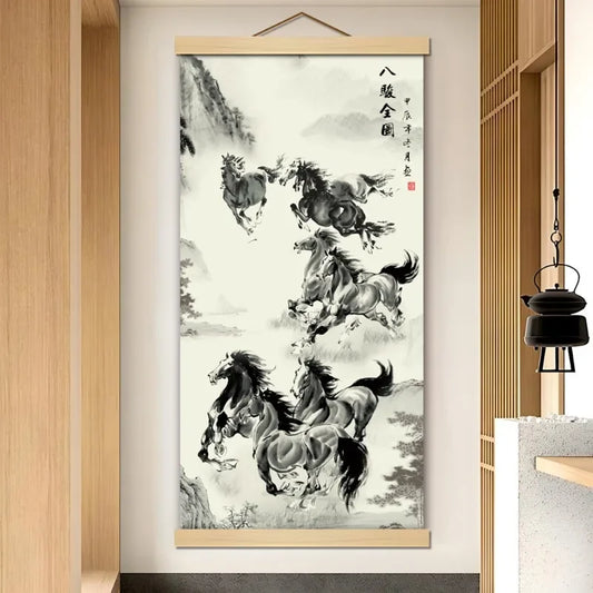 Silk Eight Horses Poster Canvas Scroll Painting Chinese Style Hanging Painting Living Room Office Room Decor Anime Aesthetic