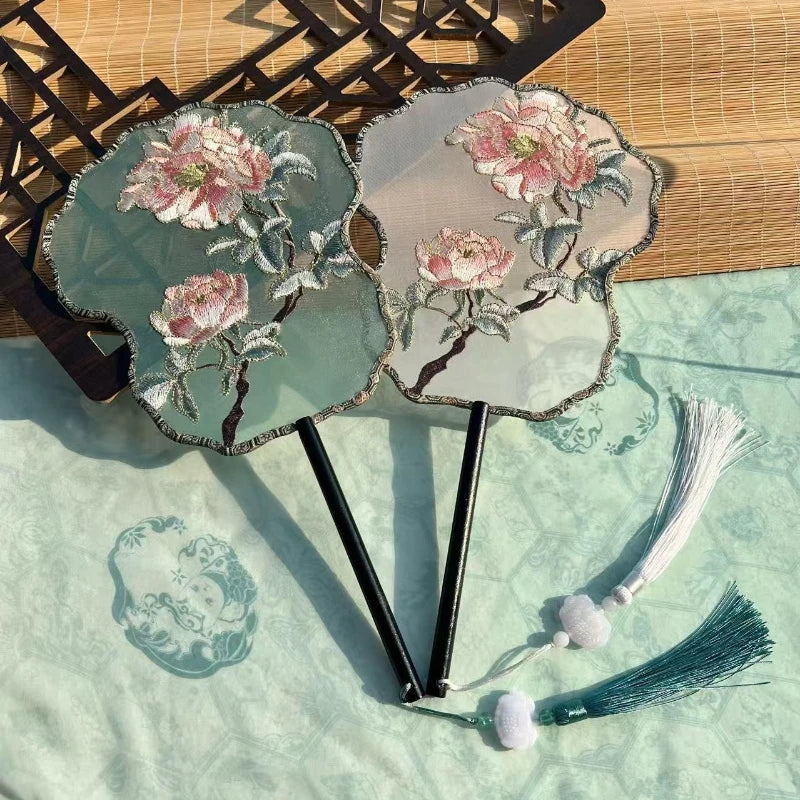 Ancient Style Fan Chinese Style Hanfu Dance Shooting Long Handled Embroidered Classical Double Sided Fan Female Decorative Fan