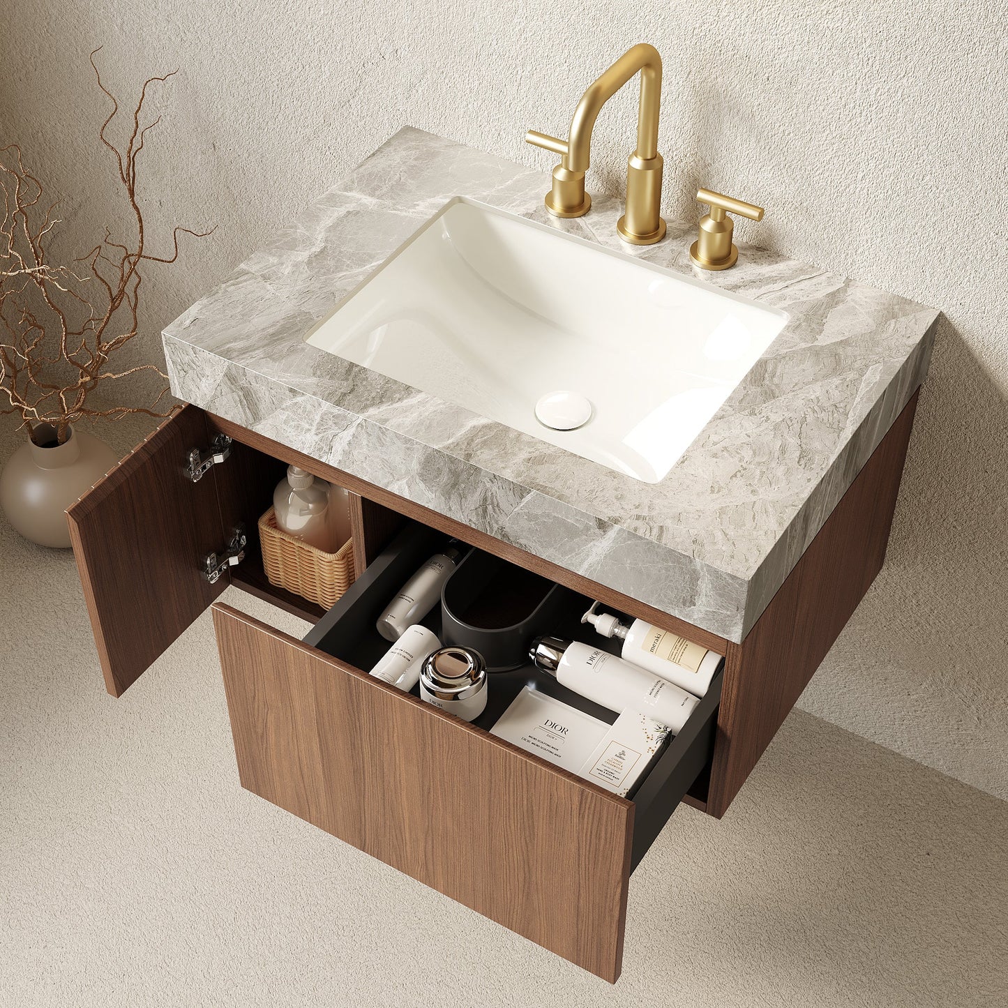 30' Floating Bathroom Vanity with Sintered Stone Top and Ceramic Basin, Brown Oak