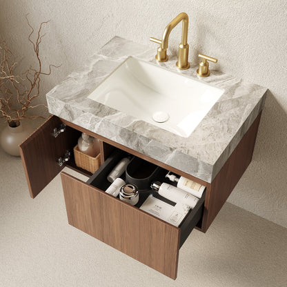 30' Floating Bathroom Vanity with Sintered Stone Top and Ceramic Basin, Brown Oak