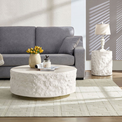 15.75 in Round Fiberglass Side Table, Imitation Stone Design, No Assembly, Beige