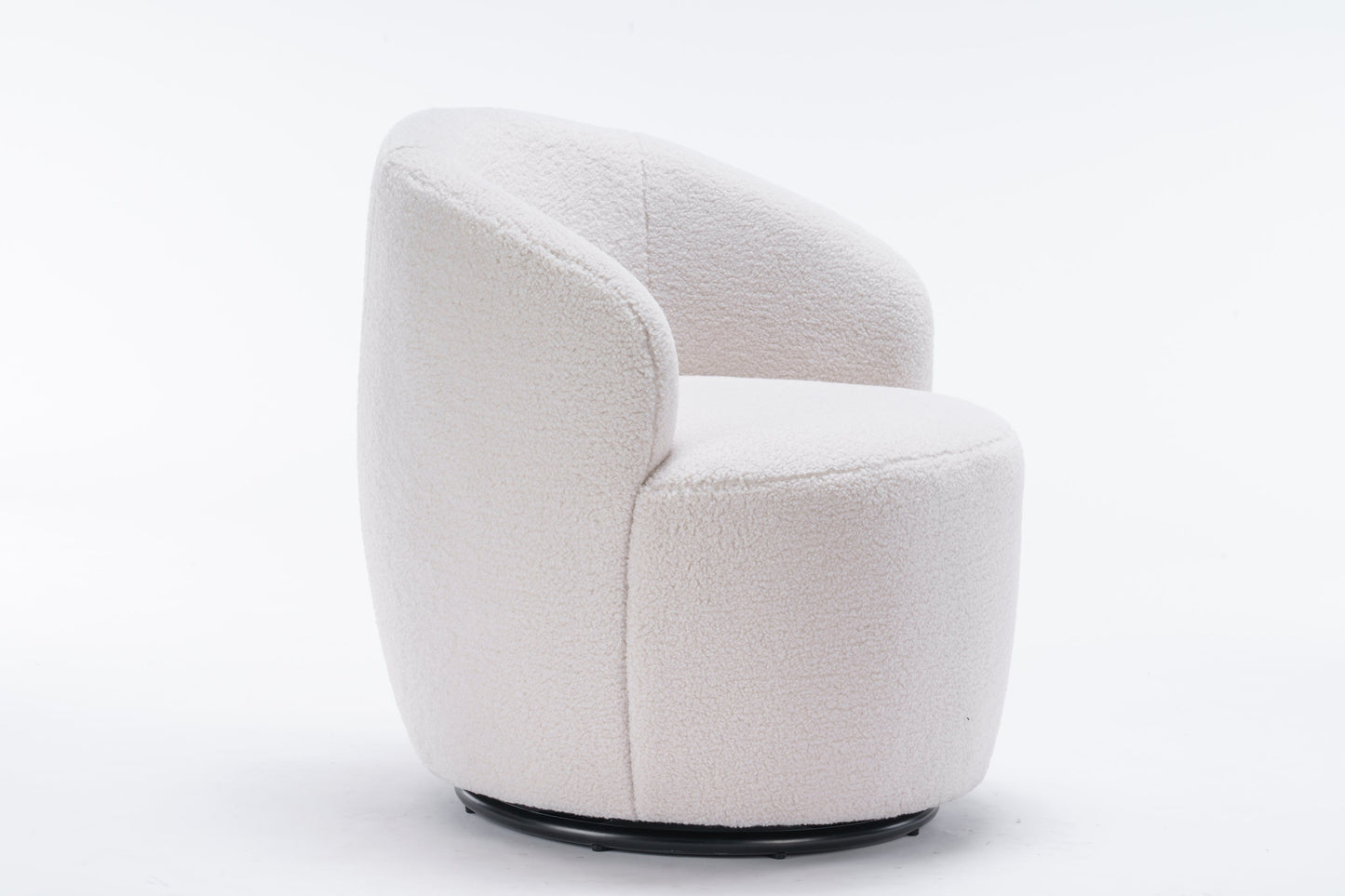Accent Chair Swivel Barrel Teddy Fabric Ivory Black Ring Base 360 Degree 250 LB