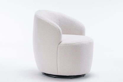 Accent Chair Swivel Barrel Teddy Fabric Ivory Black Ring Base 360 Degree 250 LB