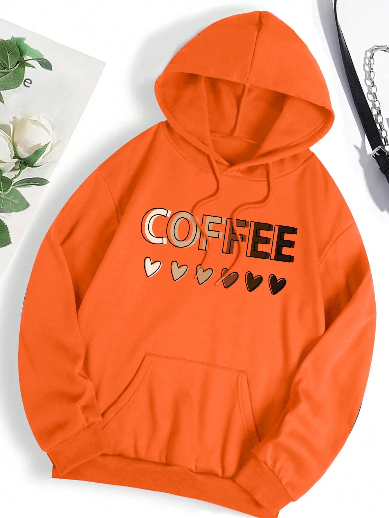 Casual Hooded Sweatshirt With Coffee-themed Lettering Print