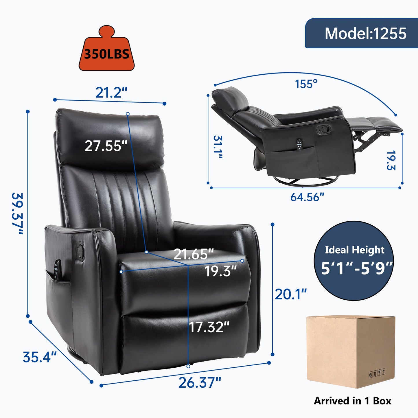 Recliner Chair Swivel Rocker Faux Leather Black Heat Massage