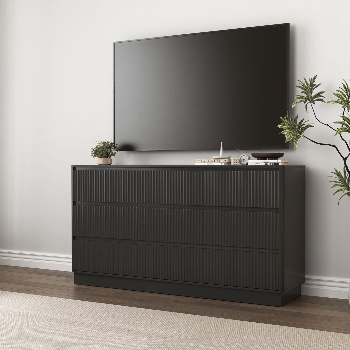 Mid-Century 9-Drawer Black Wave Dresser 59.1x15.7x31.6
