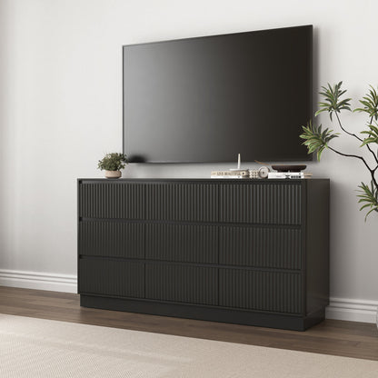 Mid-Century 9-Drawer Black Wave Dresser 59.1x15.7x31.6