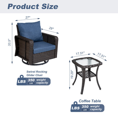 Outdoor Patio Set PE Rattan Swivel Chairs Blue Cushion