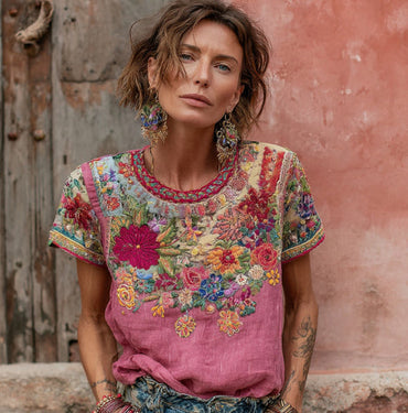 Womens Retro Printed Patchwork Crew-Neck Top