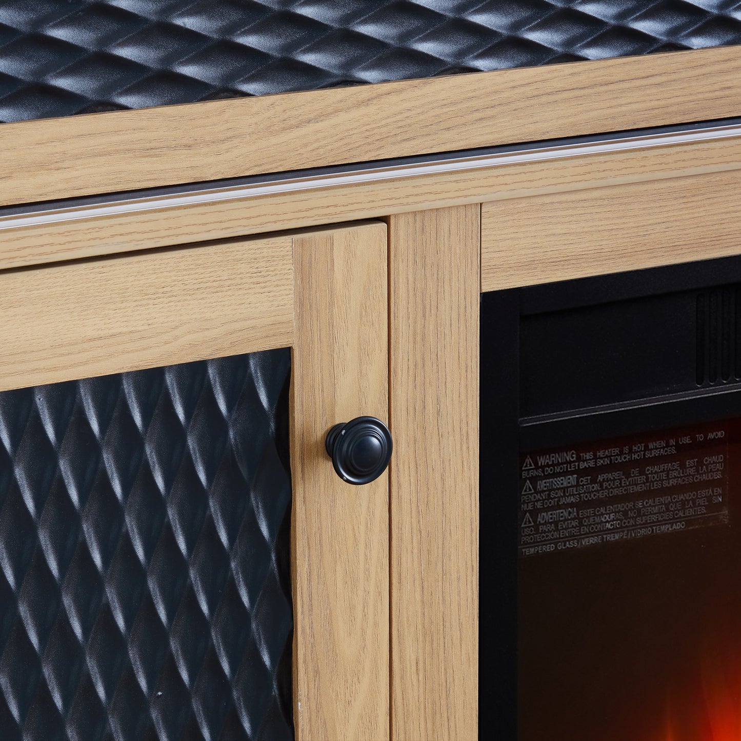 TV Stand Fireplace Light Oak MDF Embossed Doors 1400W Fits 65 In TV 58.27 In