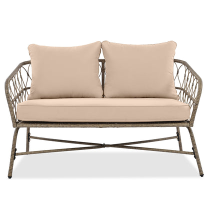 Outdoor Patio Set Wicker Boho Beige Cushion Oval Acacia Table 4 Piece