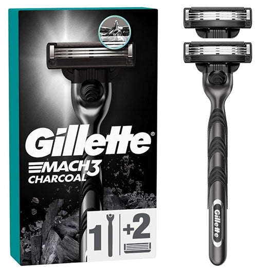 Gillette Mach3 Charcoal Razor Shaving Kit for Men - 3 Steel Blades, Microfine Protectors, Smooth Shave