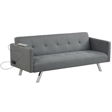 3 Seat Convertible Linen Fabric Futon Sofa with USB and Power Strip