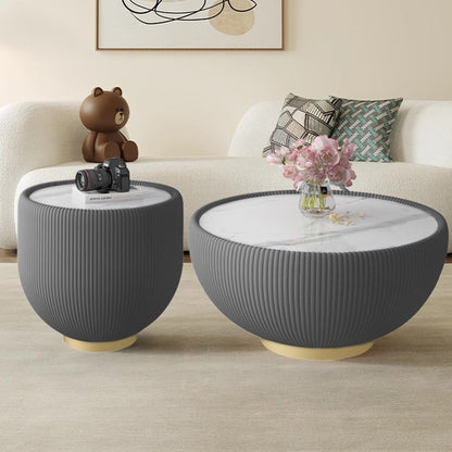 Round Sintered Stone Sofa End Table, Leather Edge, Metal Base, Living Room