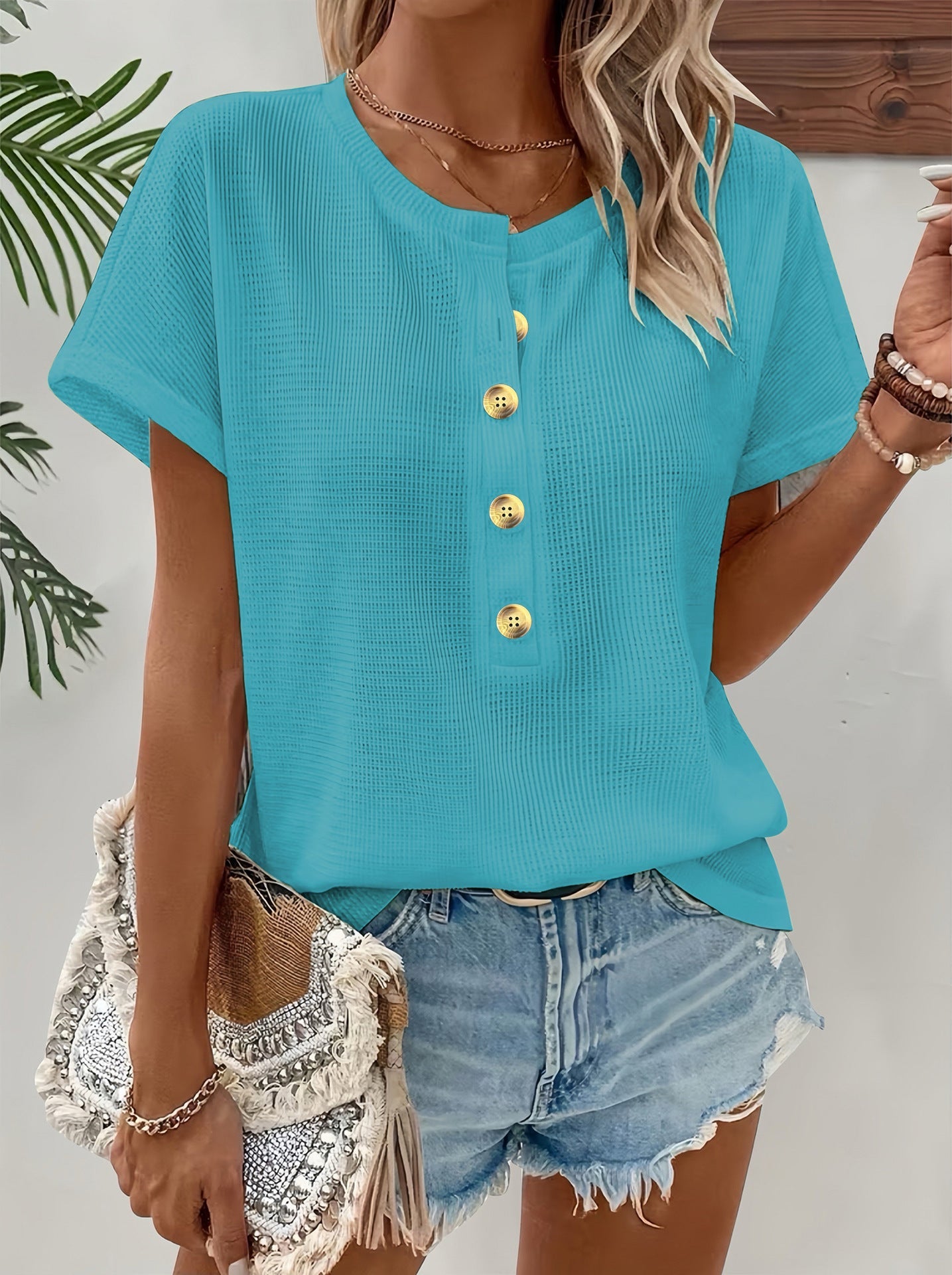Buttoned Crew-neck Batwing-sleeve Loose-fit T-shirt Top